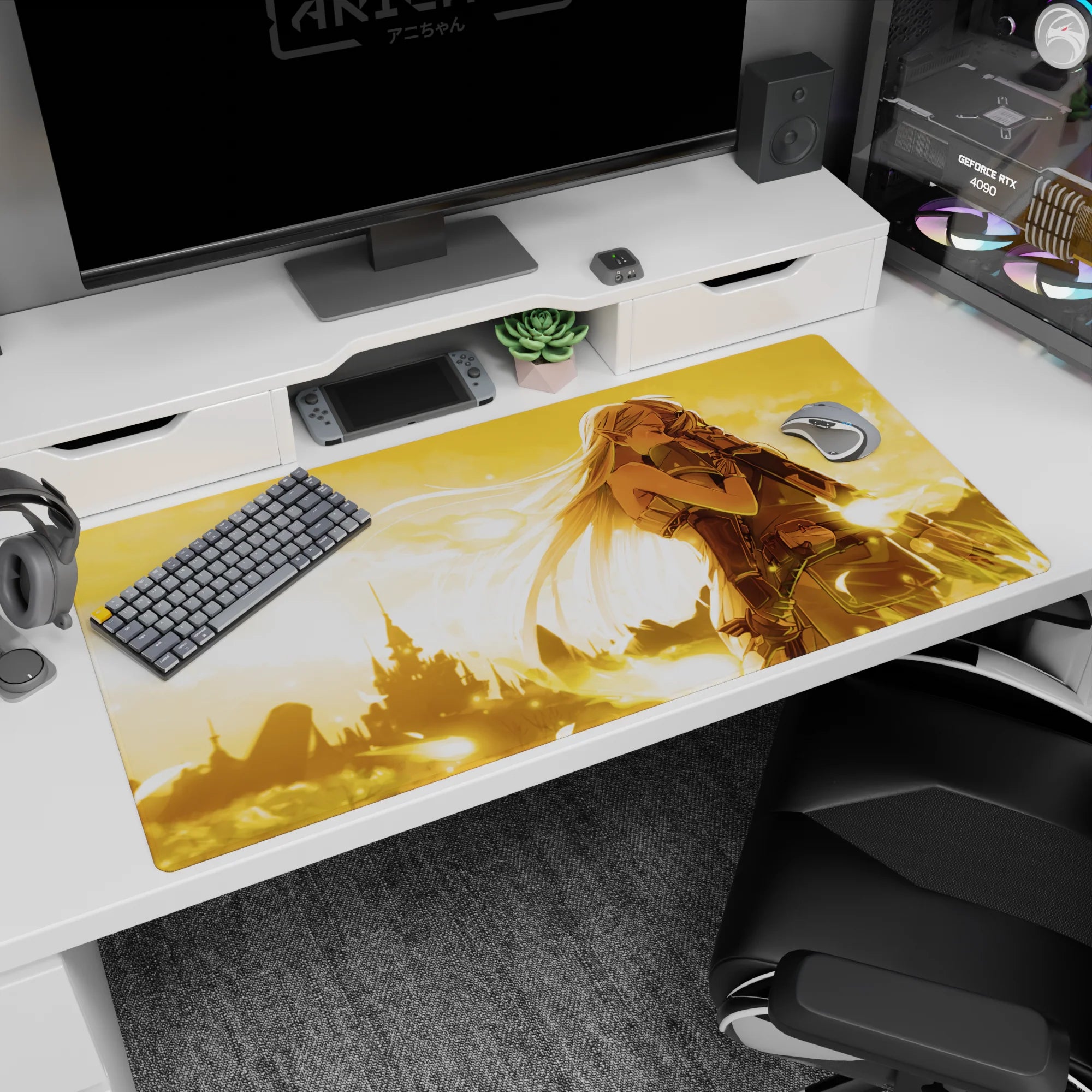 Long white-haired elf in leather armor hugs battle-worn soldier on anime desk pad 40x20 inches.