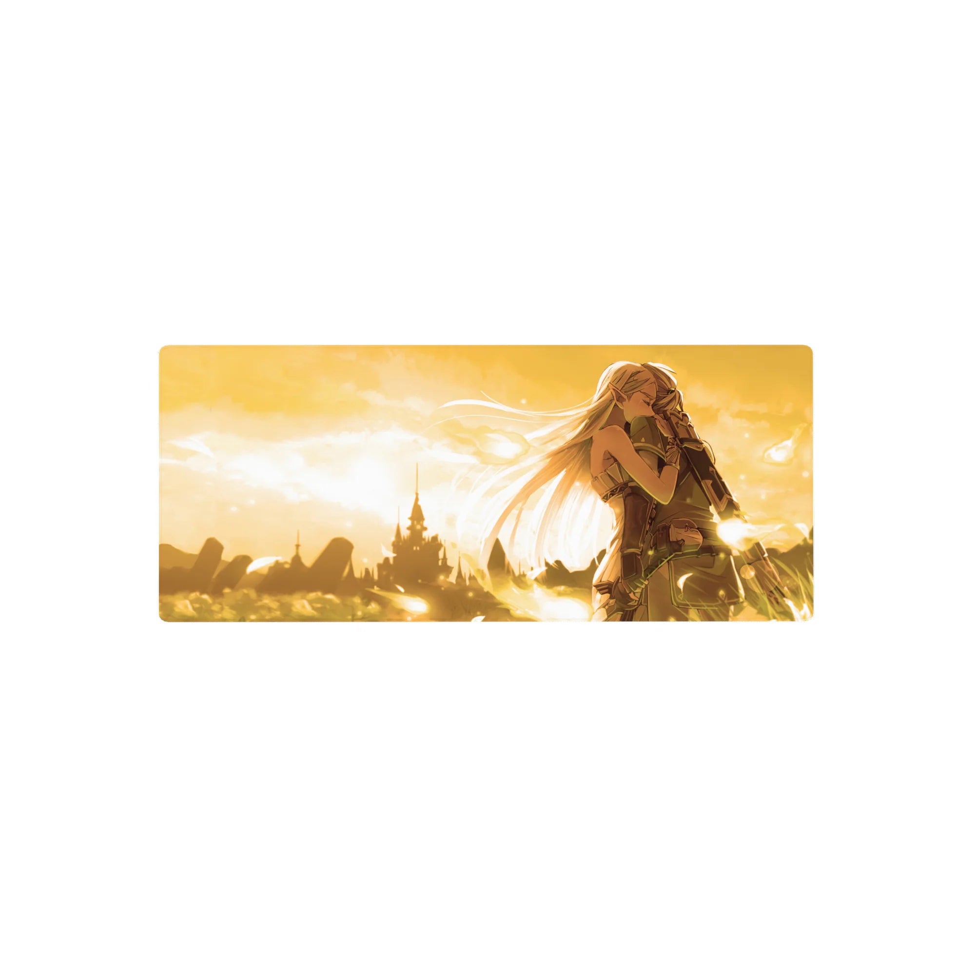28x12 inches anime mouse pad with elf girl and soldier embrace, castle silhouette, fantasy leather armor art.