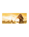 28x12 inches anime mouse pad with elf girl and soldier embrace, castle silhouette, fantasy leather armor art.