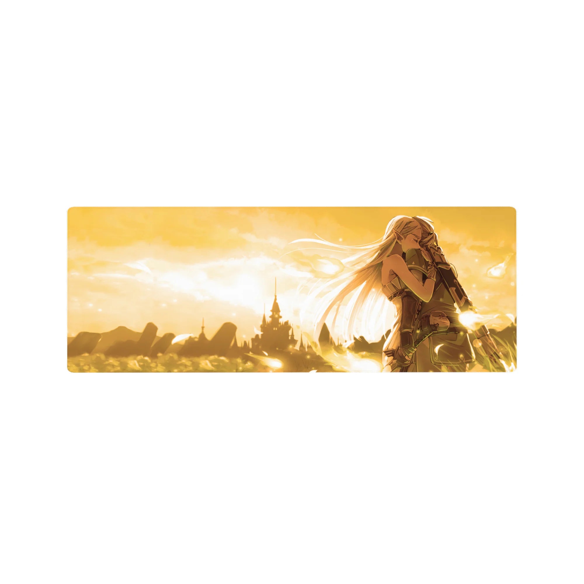 32x12 inches anime mouse pad with elf girl and soldier embrace, fantasy armor details, distant castle.