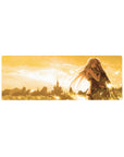 32x12 inches anime mouse pad with elf girl and soldier embrace, fantasy armor details, distant castle.