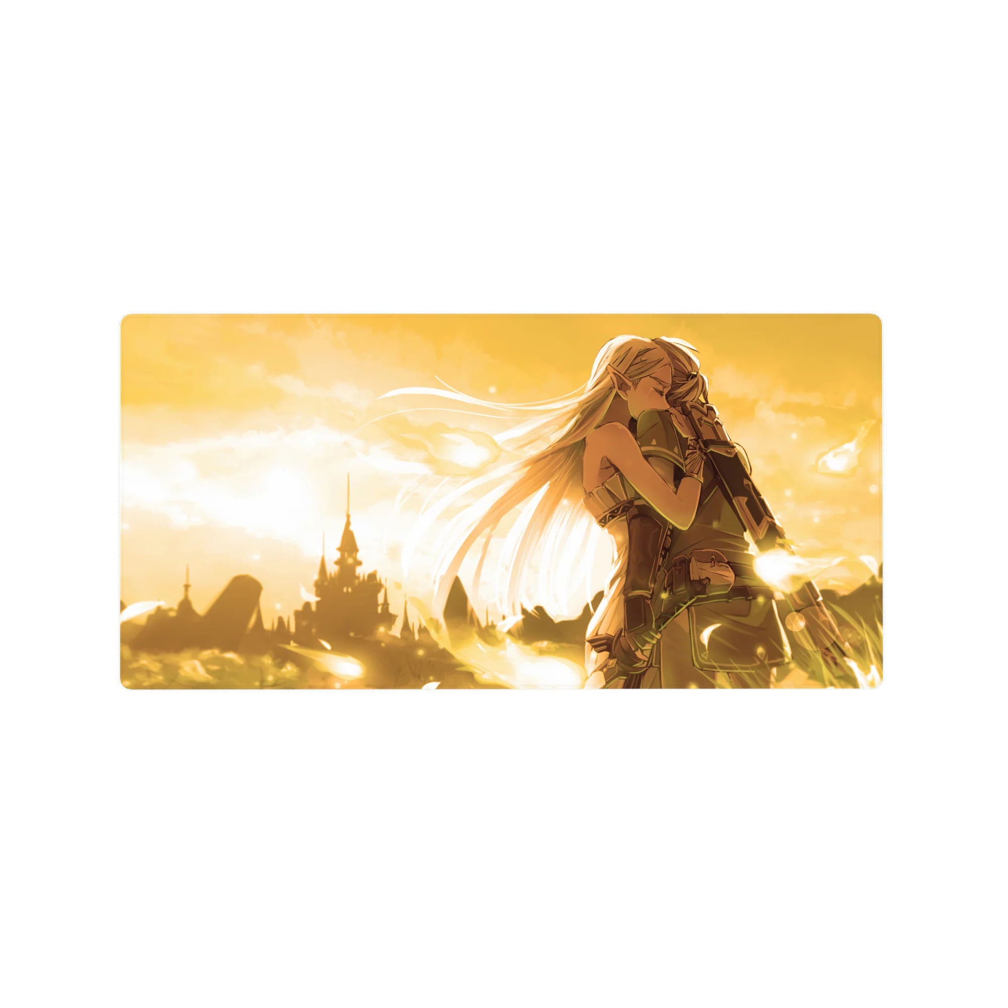 32x16 inches anime mouse pad with elf girl hugging soldier, leather armor, drifting light, castle backdrop.