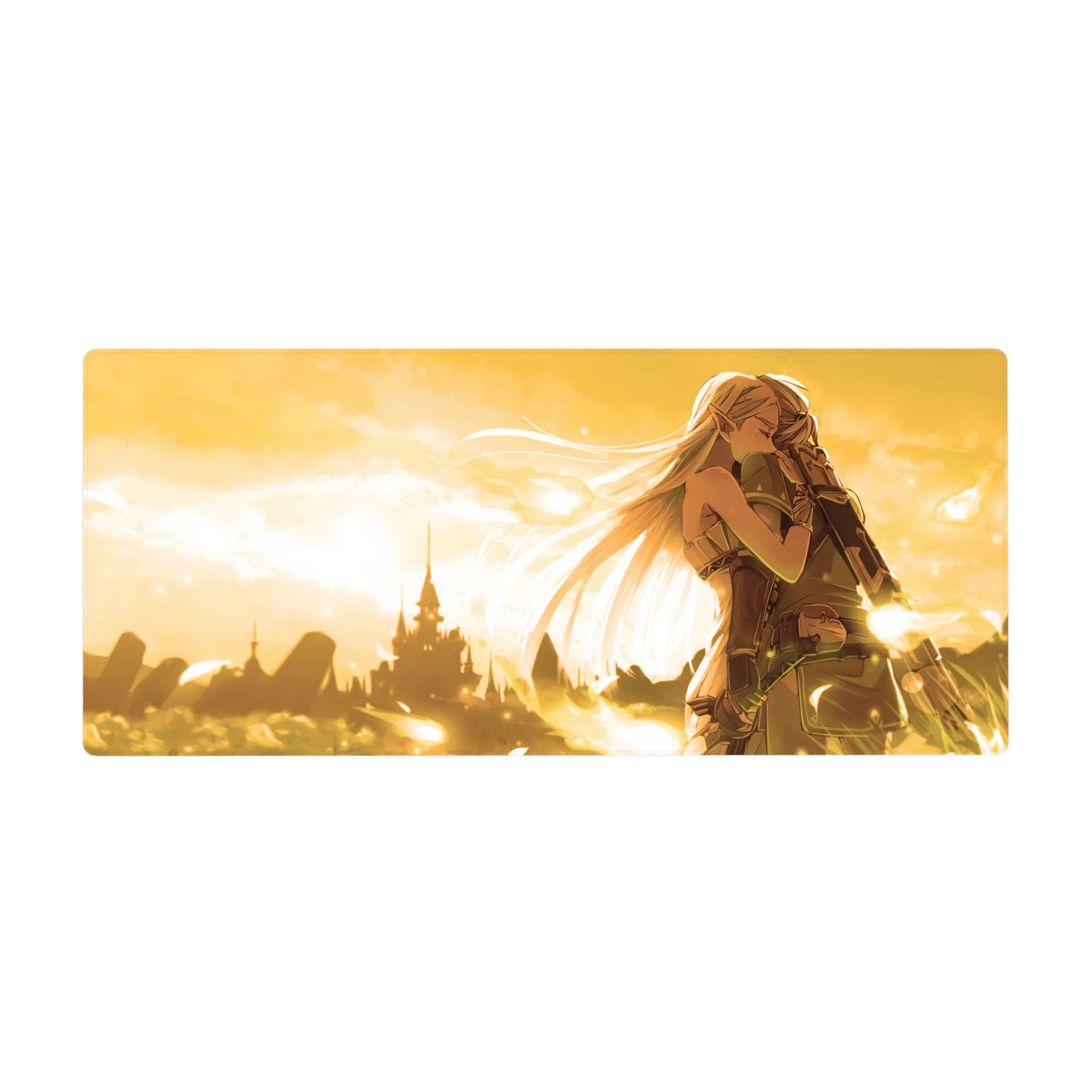Anime desk pad 36x16 inches with elf girl hugging soldier, castle backdrop, detailed leather armor.