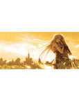 Anime desk pad 36x16 inches with elf girl hugging soldier, castle backdrop, detailed leather armor.