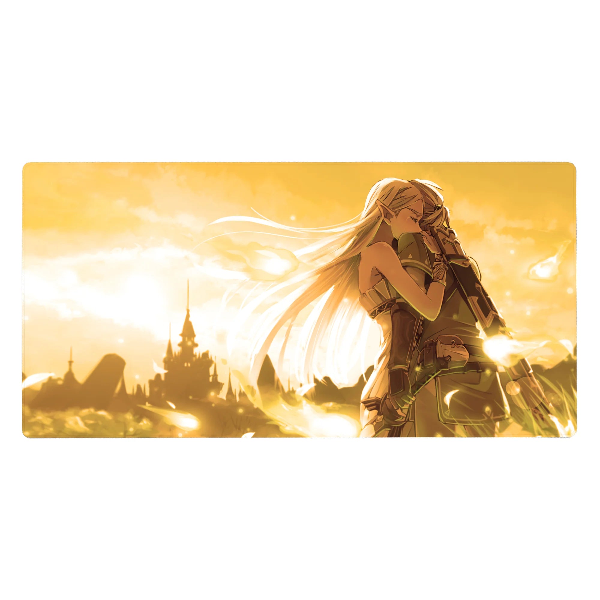 Anime desk pad 40x20 inches with elf girl hugging soldier at sunset, castle silhouette and drifting light.
