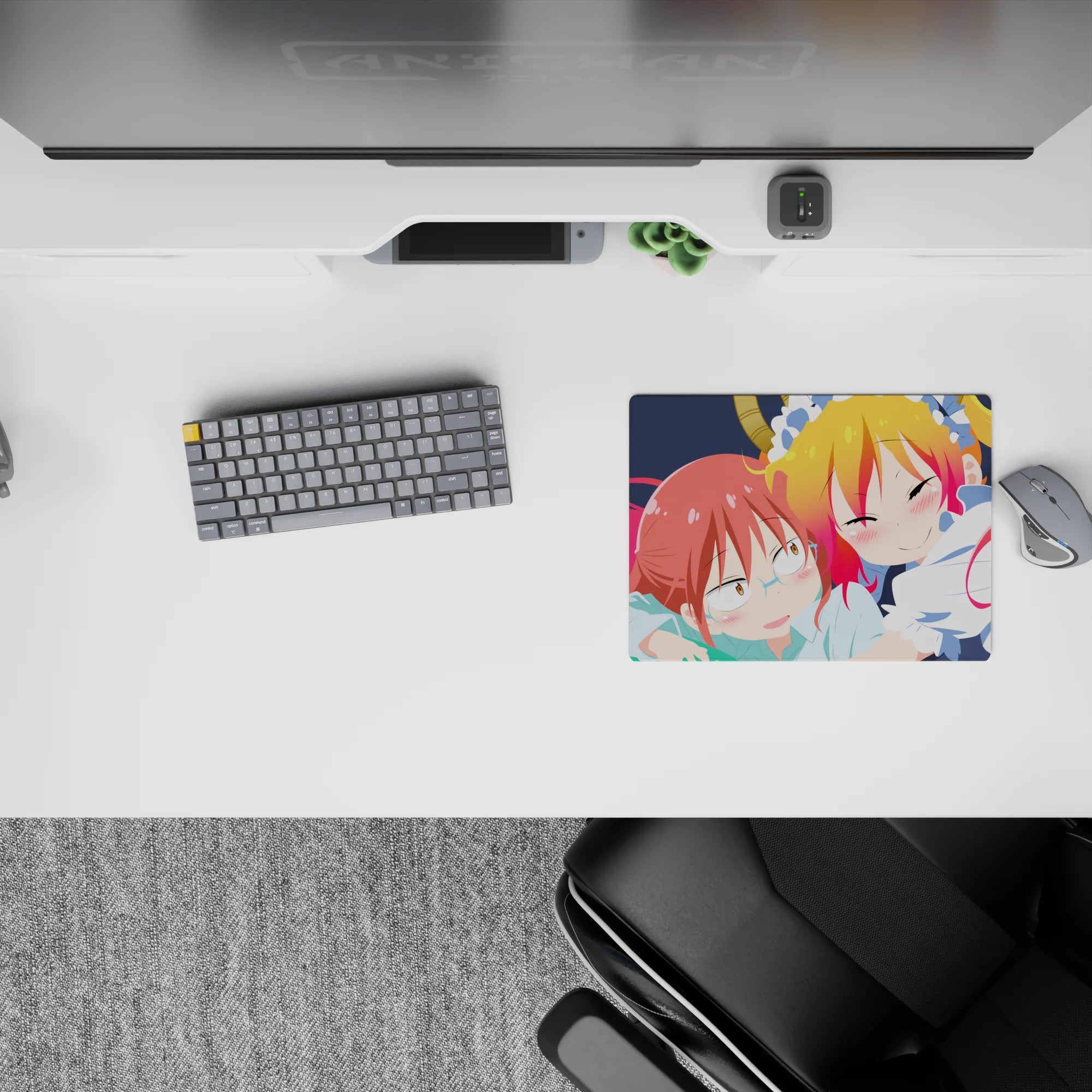 Pink and yellow cozy chaos anime girl mouse pad 14x10 inches, blushy faces popping like candy.