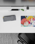 Pink and yellow cozy chaos anime girl mouse pad 14x10 inches, blushy faces popping like candy.