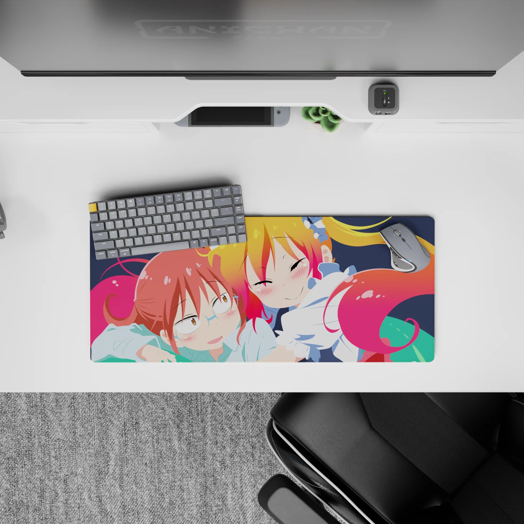 28x12 inches anime girl mouse pad in warm pinks and sunny yellows, cute cozy chaos with candy-like blush.