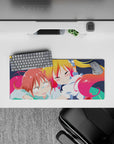 28x12 inches anime girl mouse pad in warm pinks and sunny yellows, cute cozy chaos with candy-like blush.