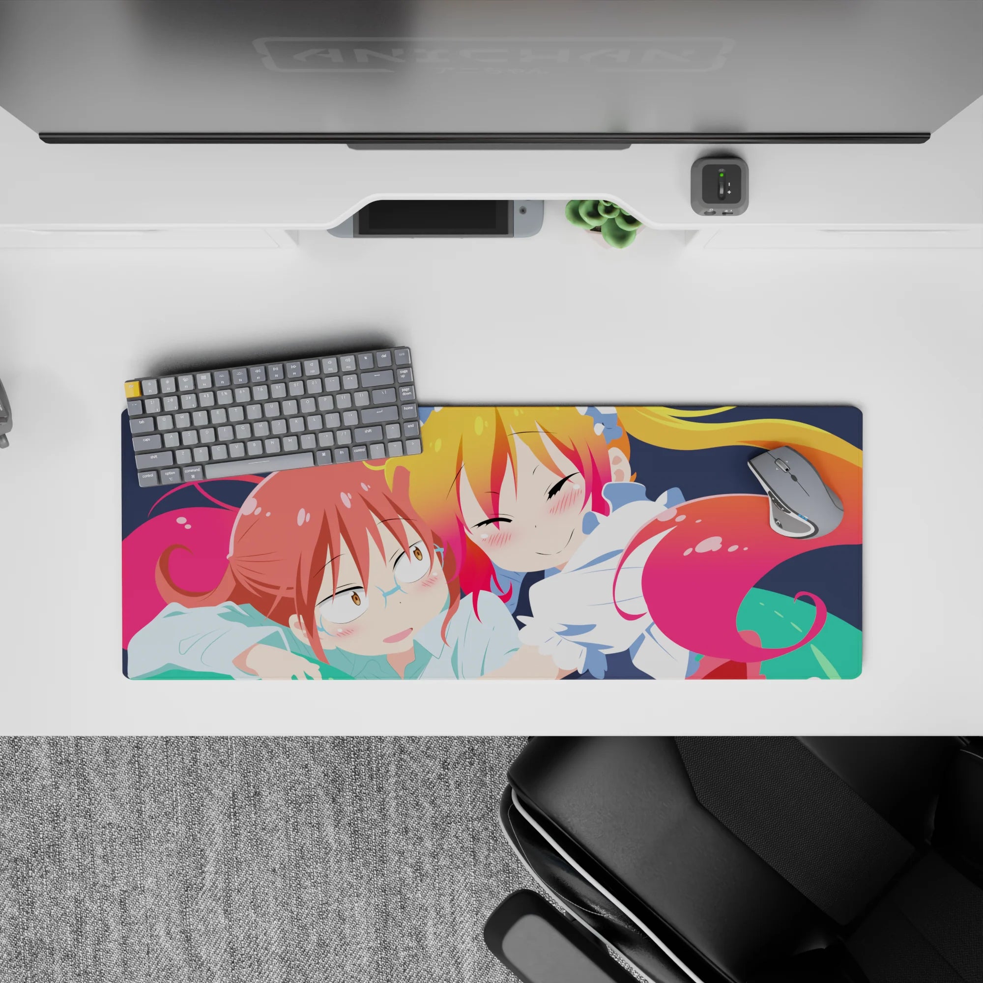 32x12 inches anime girl mouse pad in warm pinks and sunny yellows, cozy blushy vibe for cute desk setup.
