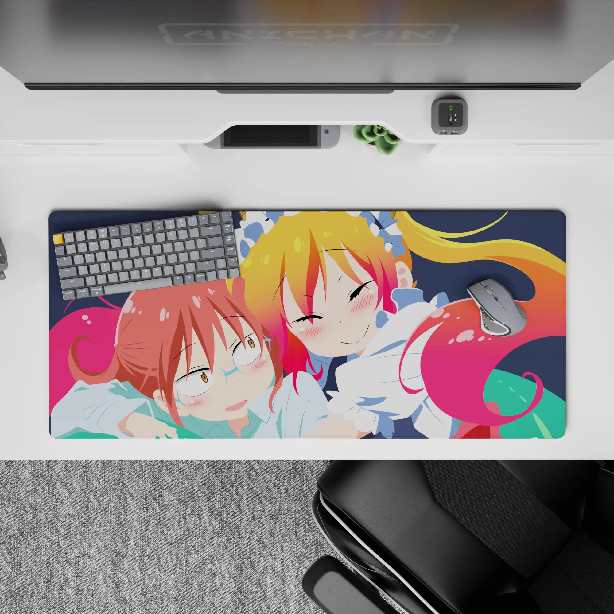 36x16 inches desk pad in warm pink and sunny yellow tones, blushy cute chaos on deep navy.