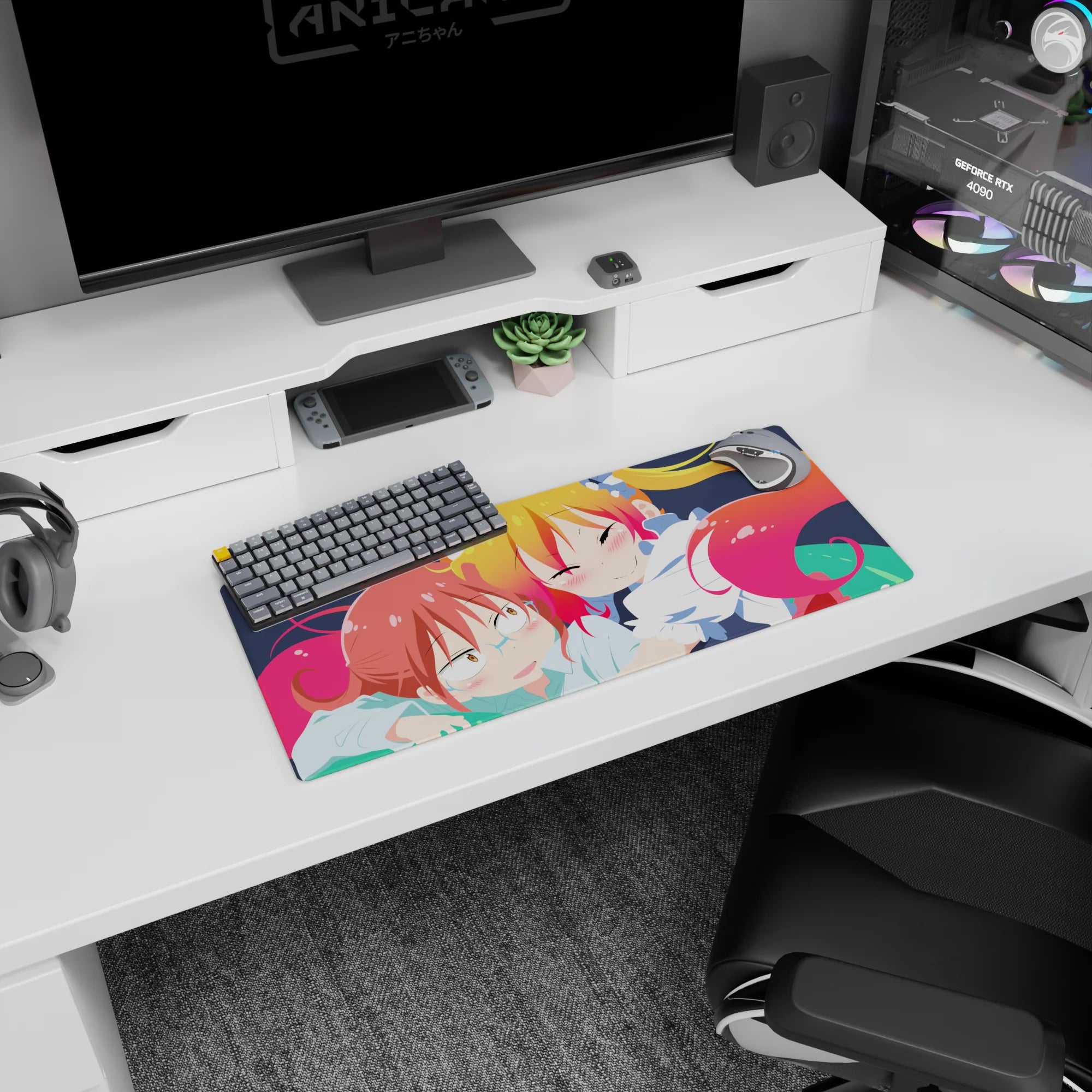 28x12 inches anime girl mouse pad showing Tohru snuggling close as Kobayashi looks adorably overwhelmed.