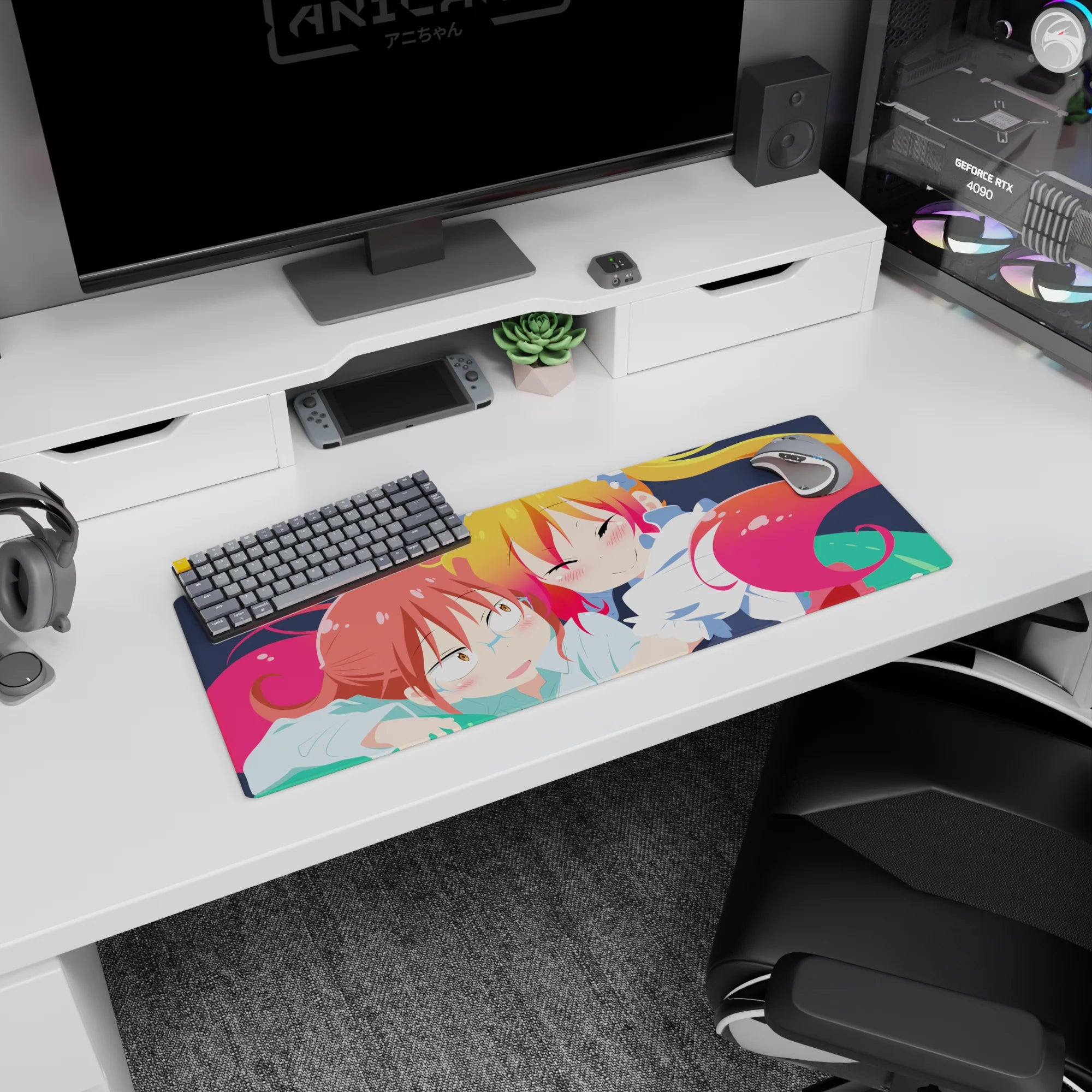 32x12 inches Miss Kobayashi's Dragon Maid mouse pad showing Tohru cuddling Kobayashi, overwhelmed and cute.