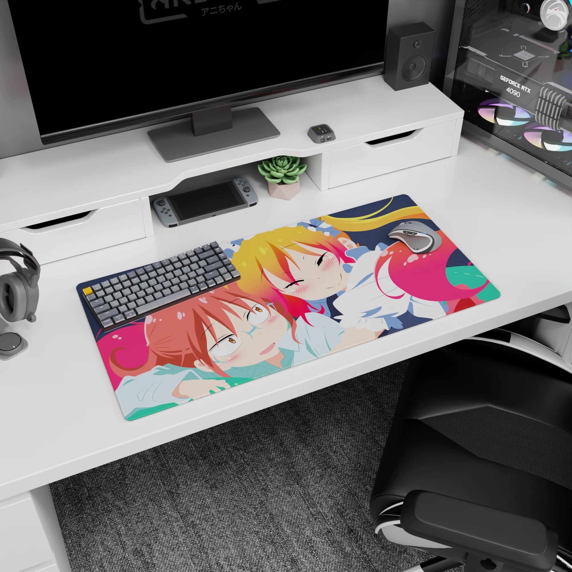 Miss Kobayashi's Dragon Maid mouse pad 32x16 inches featuring Tohru cuddling Kobayashi, blushy faces.