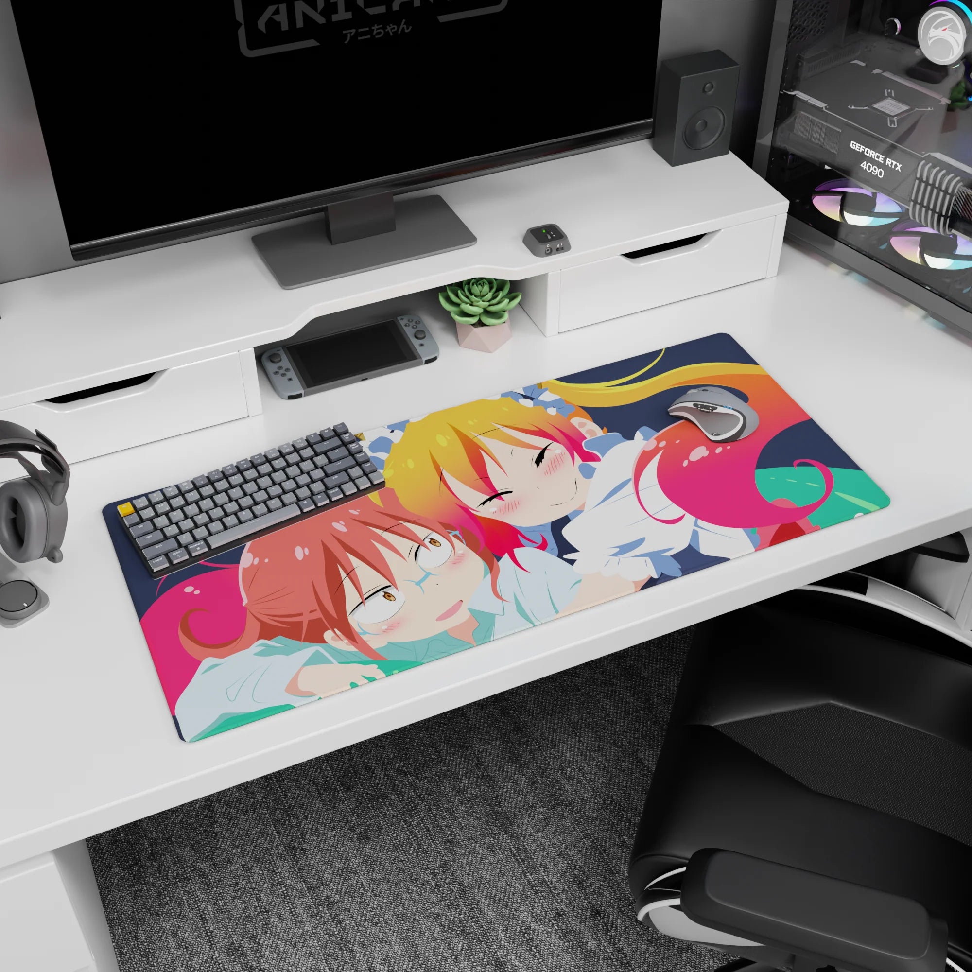 36x16 inches Miss Kobayashi's Dragon Maid desk pad, Tohru snuggling close as Kobayashi blushes.