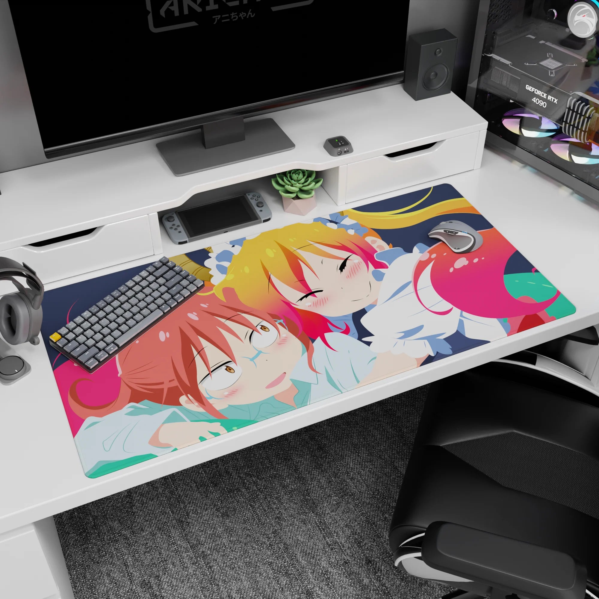 40x20 inches Miss Kobayashi's Dragon Maid desk pad, Tohru cuddling Kobayashi, flustered faces.