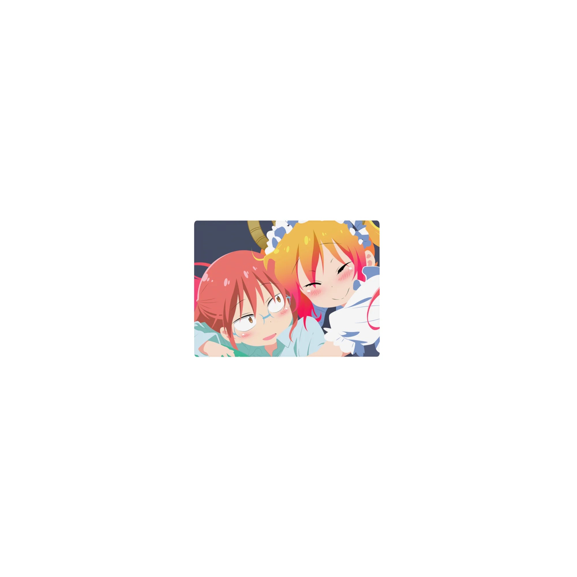Classic anime girl mouse pad 14x10 inches with cute dragon maid cuddle art on a deep navy backdrop.