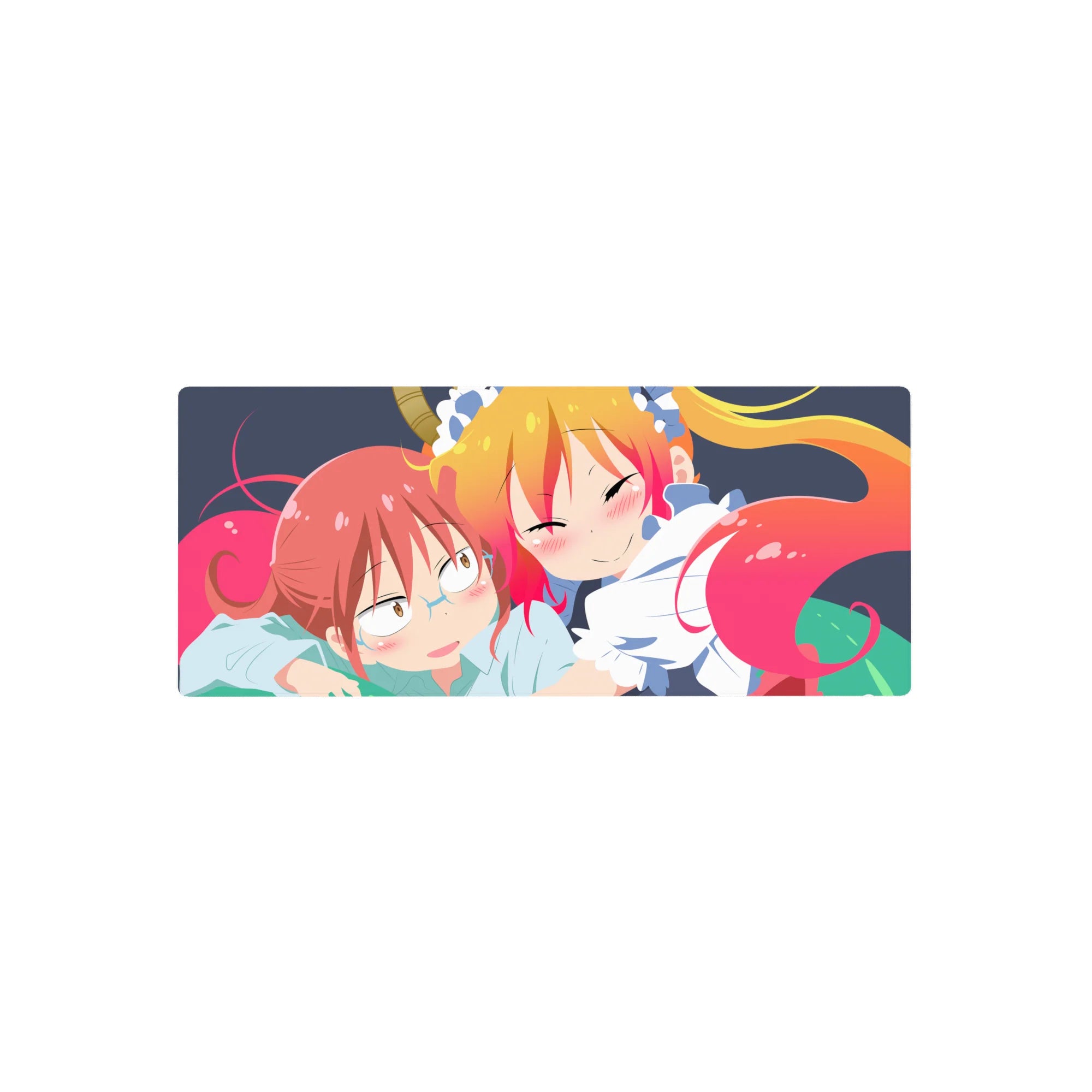 28x12 inches anime girl mouse pad with Tohru and Kobayashi cuddle art, navy backdrop and clean lines.