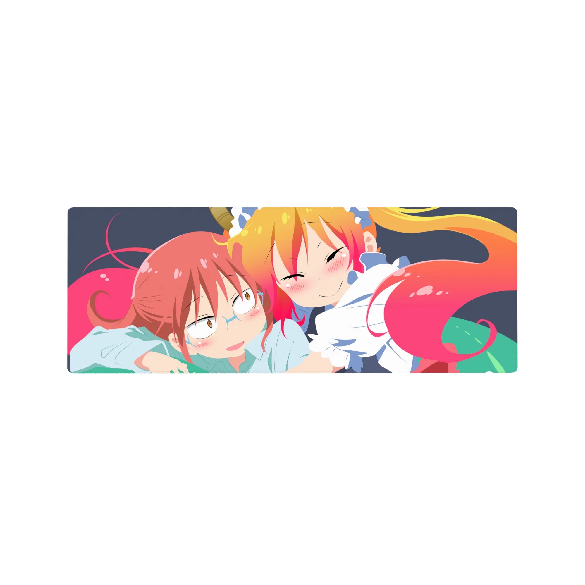 32x12 inches anime girl mouse pad with cuddly dragon maid art on navy background, clean playful linework.
