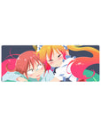 32x12 inches anime girl mouse pad with cuddly dragon maid art on navy background, clean playful linework.