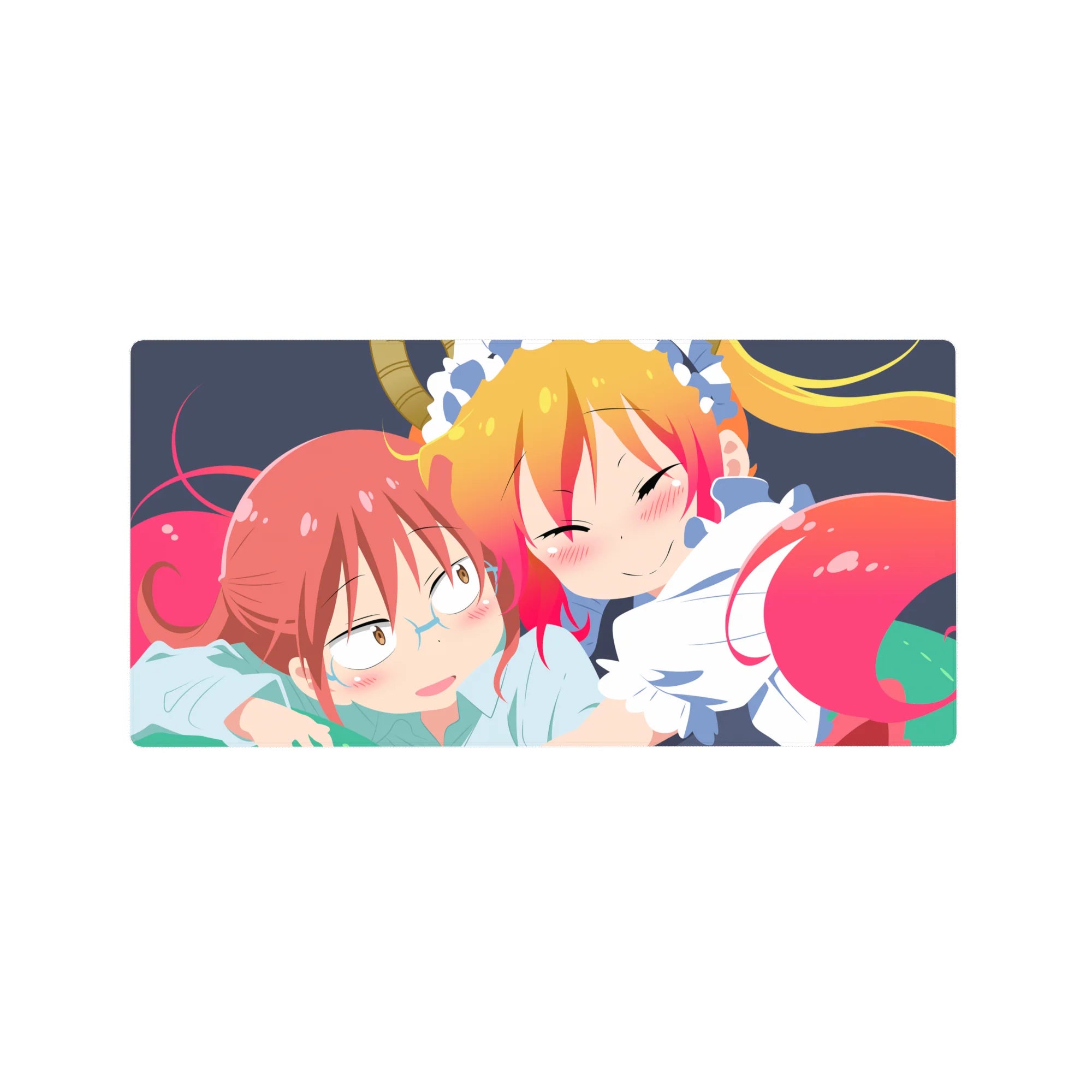 Anime girl mouse pad 32x16 inches with cuddly duo, sweeping hair ribbons, and clean playful line art.