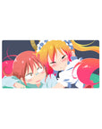 Anime girl mouse pad 32x16 inches with cuddly duo, sweeping hair ribbons, and clean playful line art.