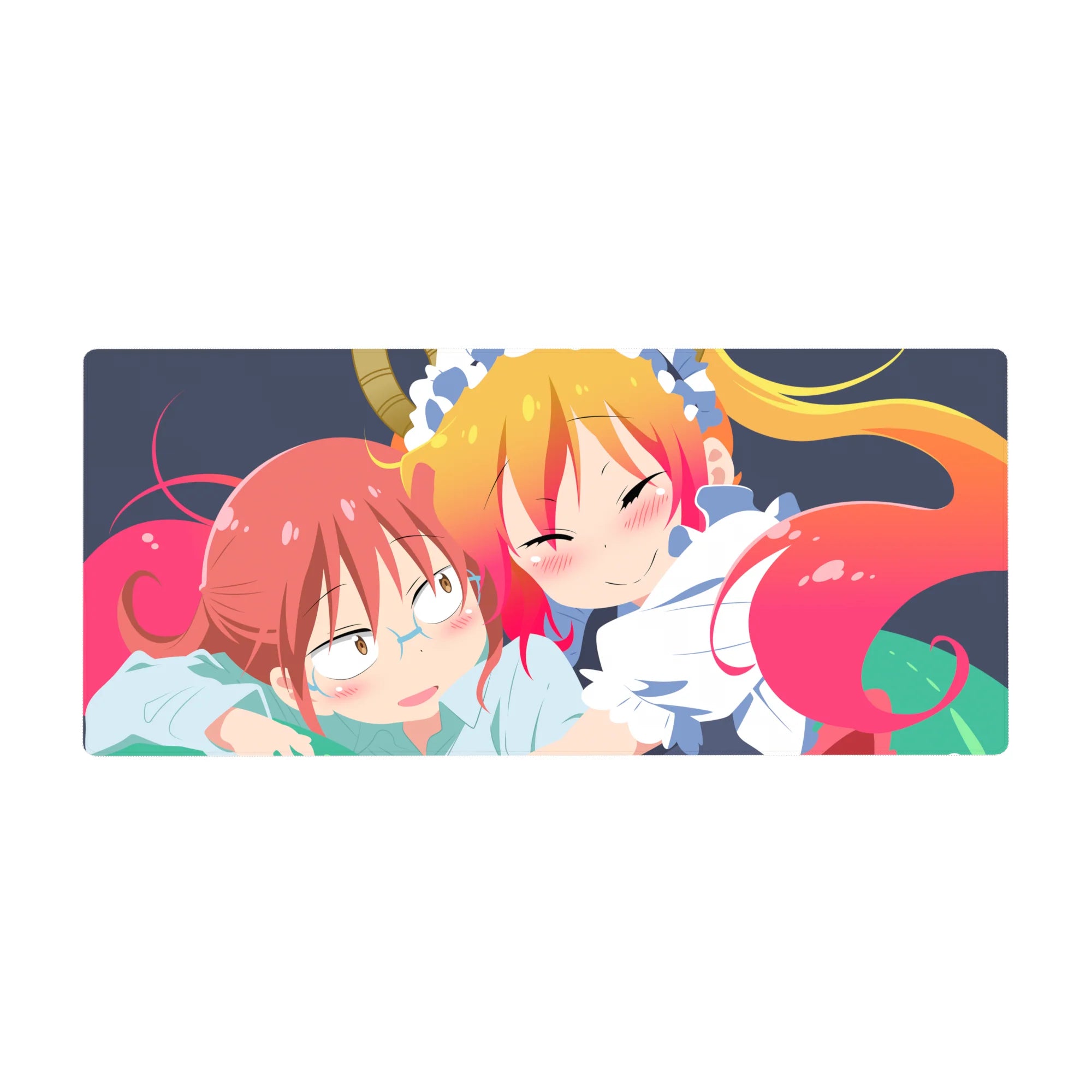 36x16 inches anime girl desk pad with cuddly dragon maid art, clean lines, ribbons, navy backdrop.