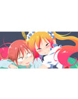 36x16 inches anime girl desk pad with cuddly dragon maid art, clean lines, ribbons, navy backdrop.