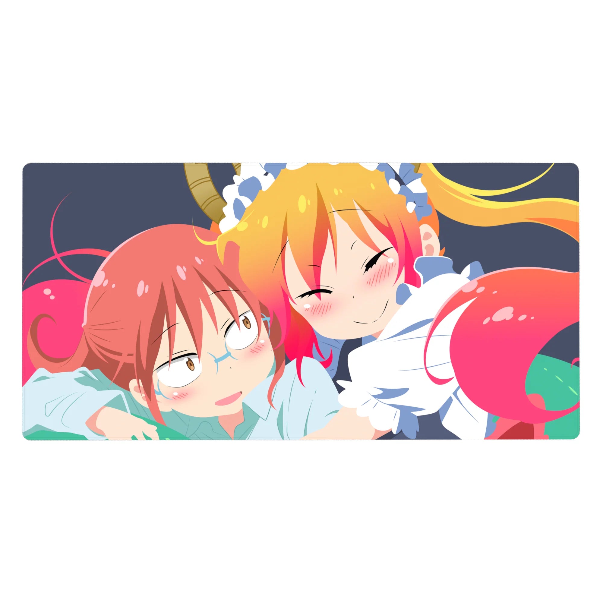 40x20 inches anime girl desk pad with cute snuggle scene, clean lines, ribbons, navy backdrop.