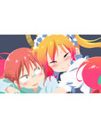 40x20 inches anime girl desk pad with cute snuggle scene, clean lines, ribbons, navy backdrop.