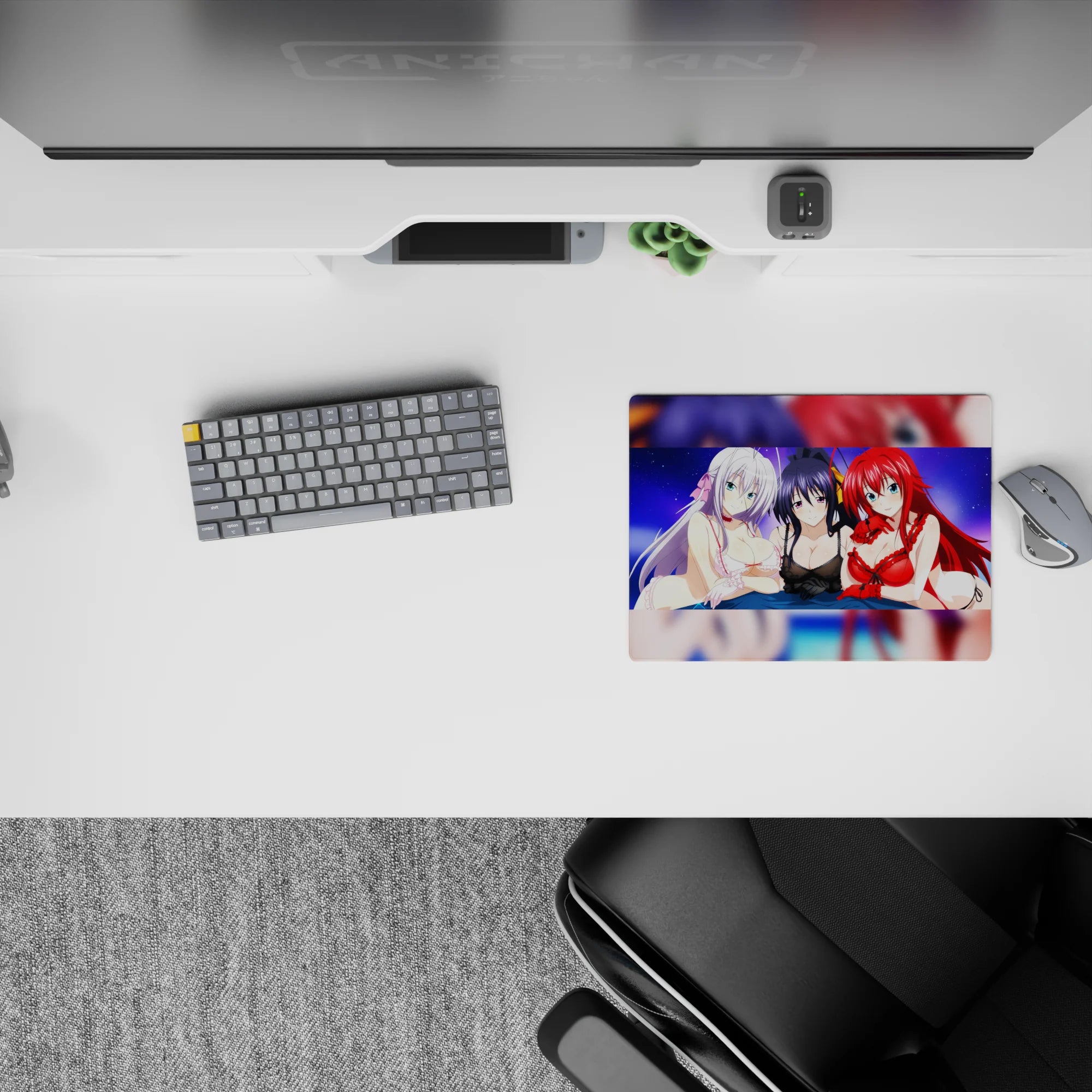 High School DxD mouse pad 14x10 inches featuring Rossweisse, Akeno, and Rias under a purple sky, adding charm to your desk.