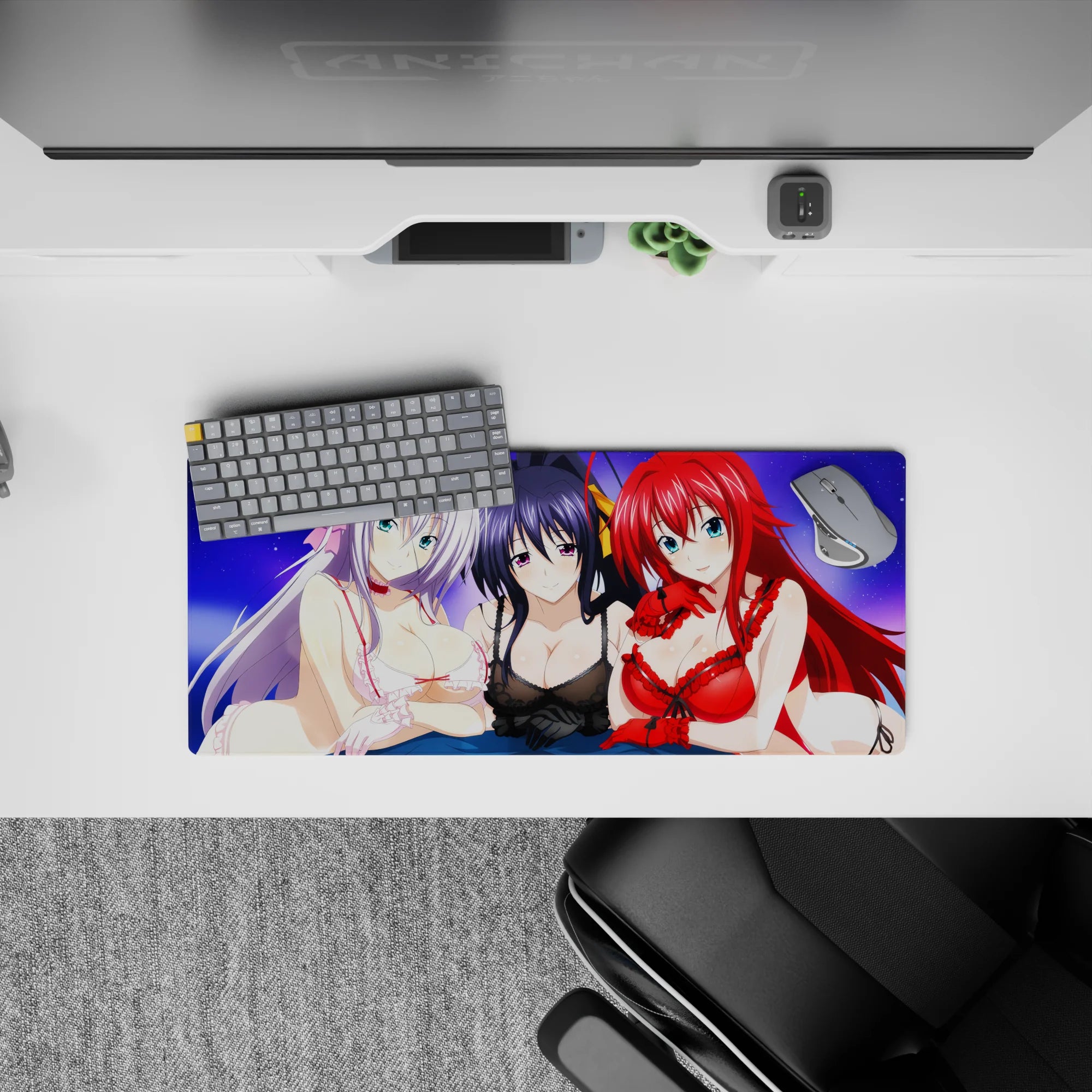 Anime mouse pad 28x12 inches featuring Rossweisse, Akeno, and Rias from High School DxD under a purple sky.