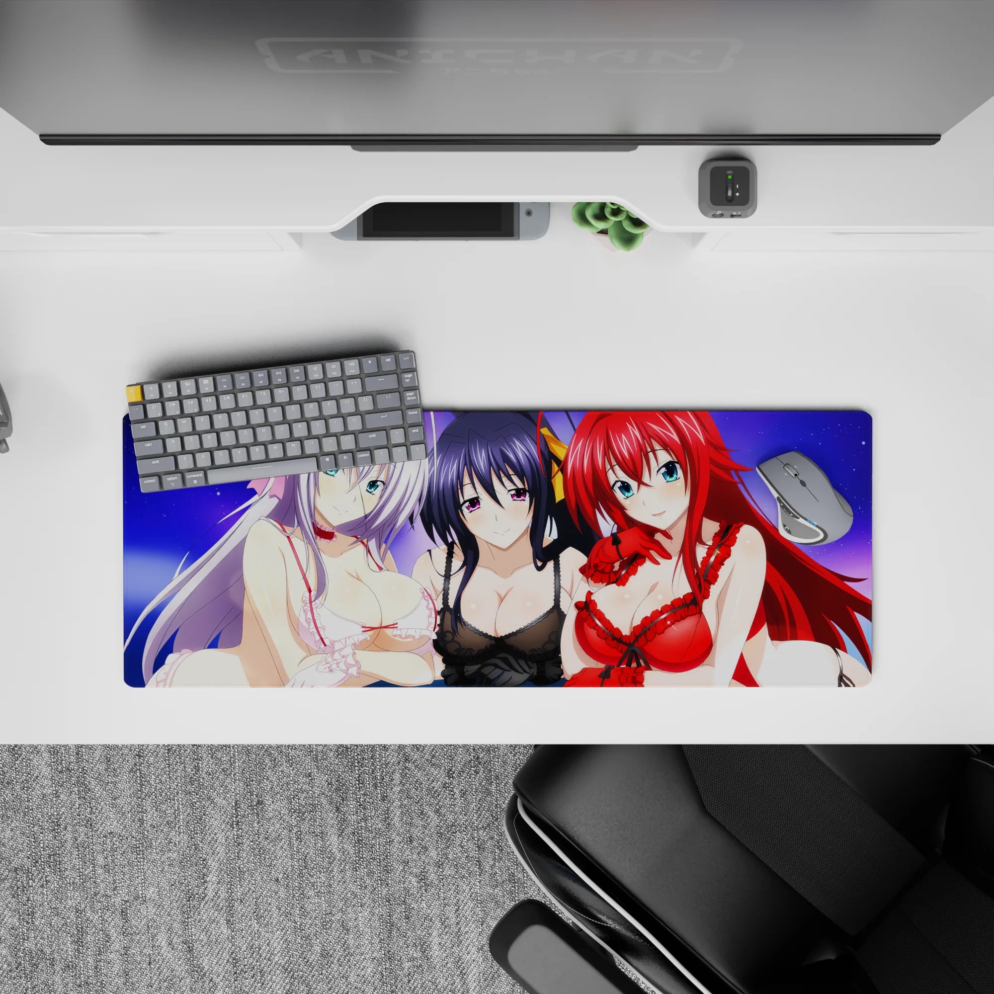 Mouse pad 32x12 inches featuring Rossweisse, Akeno, and Rias from High School DxD under a dreamy purple sky.