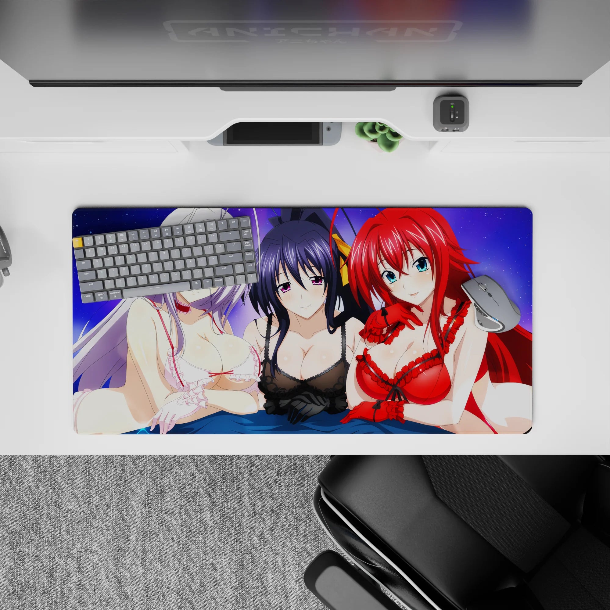 Mouse pad 32x16 inches featuring Rossweisse, Akeno, and Rias from High School DxD under a purple sky, enhancing any desk.