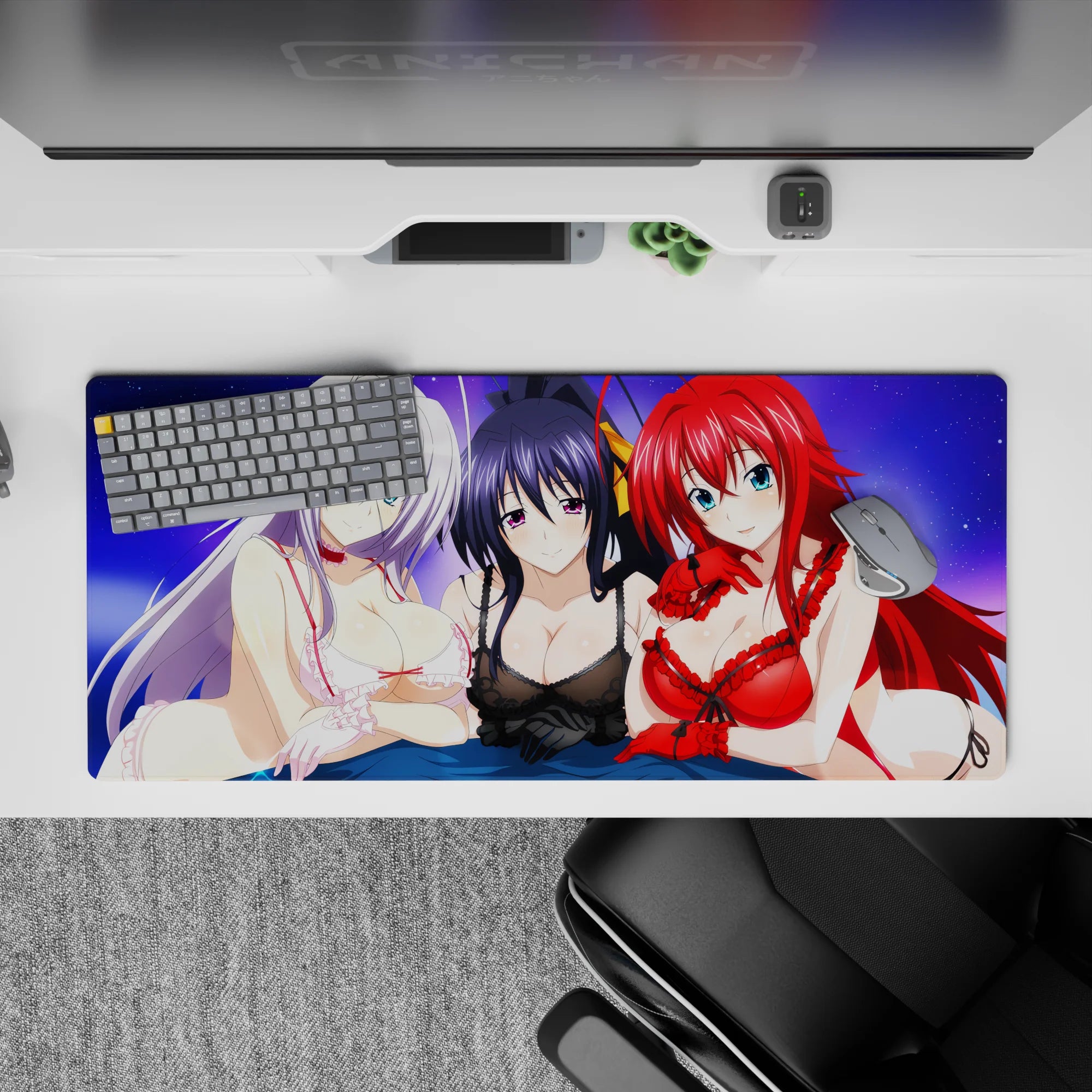 Anime desk pad 36x16 inches featuring Rossweisse, Akeno, and Rias from High School DxD under a purple sky, adding charm.