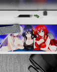 Anime desk pad 36x16 inches featuring Rossweisse, Akeno, and Rias from High School DxD under a purple sky, adding charm.