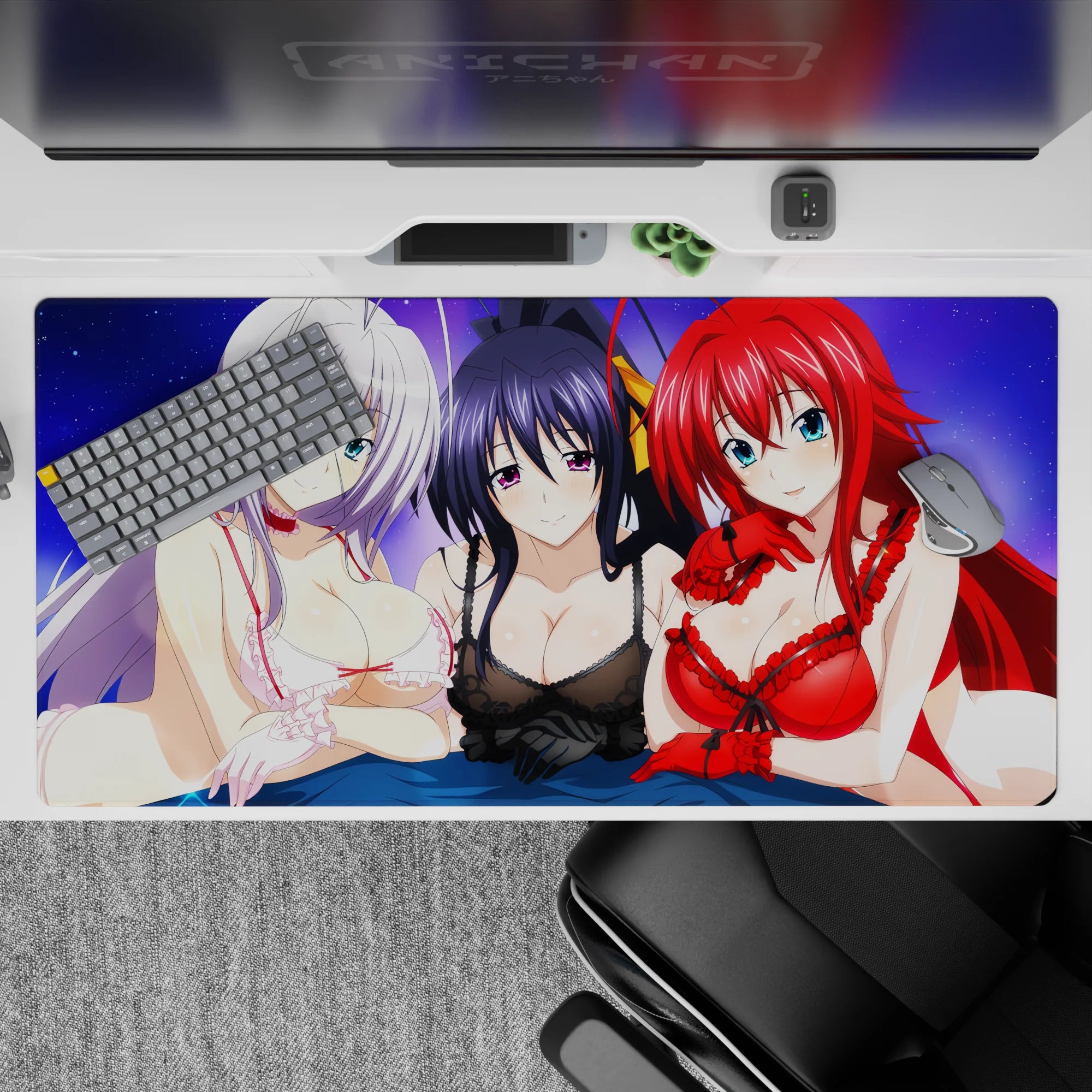 High School DxD desk pad 40x20 inches featuring Rossweisse, Akeno, and Rias under a purple sky, adding charm to your desk.