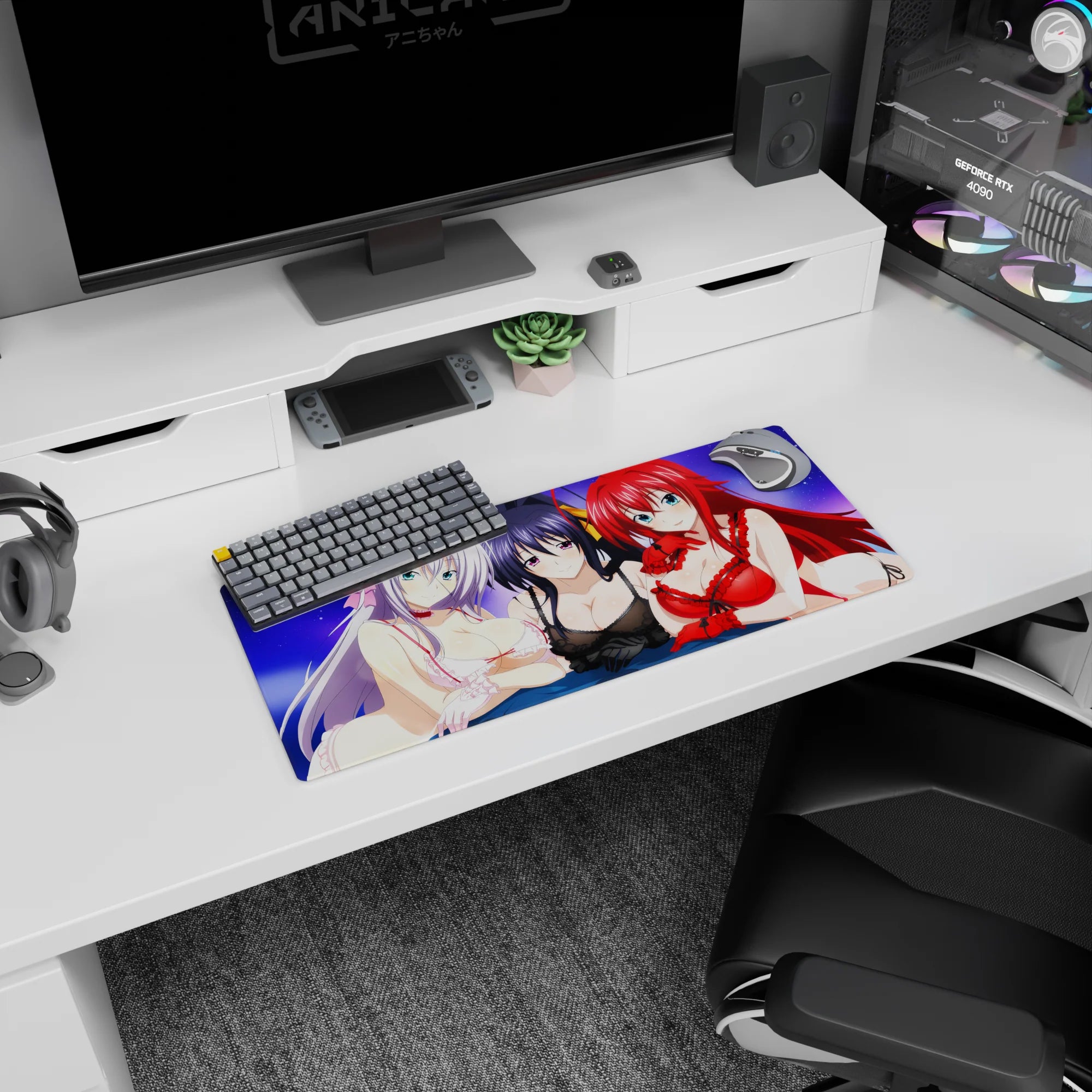 Anime mouse pad 28x12 inches featuring Rossweisse, Akeno, and Rias from High School DxD under a dreamy purple sky.