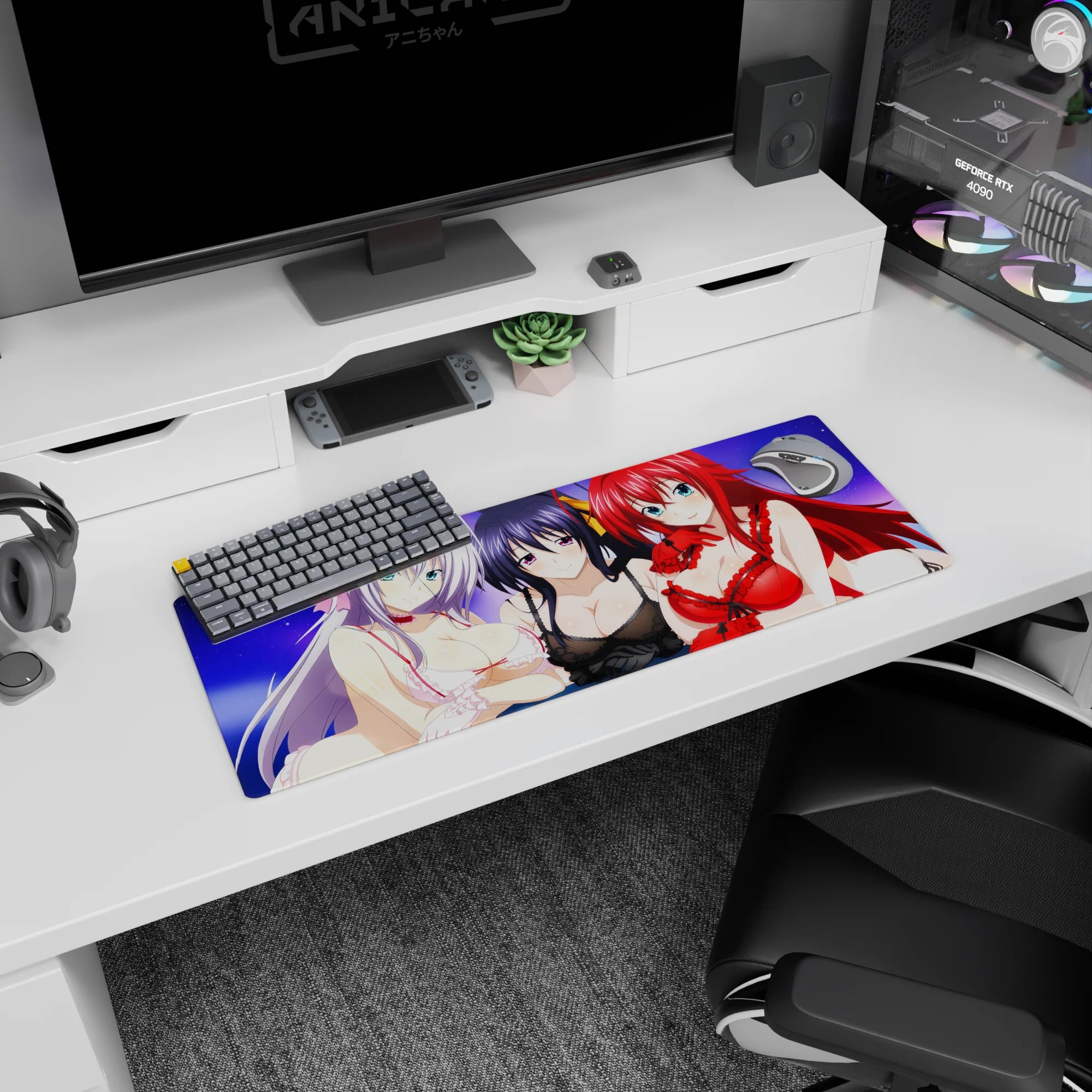 Mouse pad featuring Rossweisse, Akeno, and Rias from High School DxD, 32x12 inches, under a dreamy purple sky.