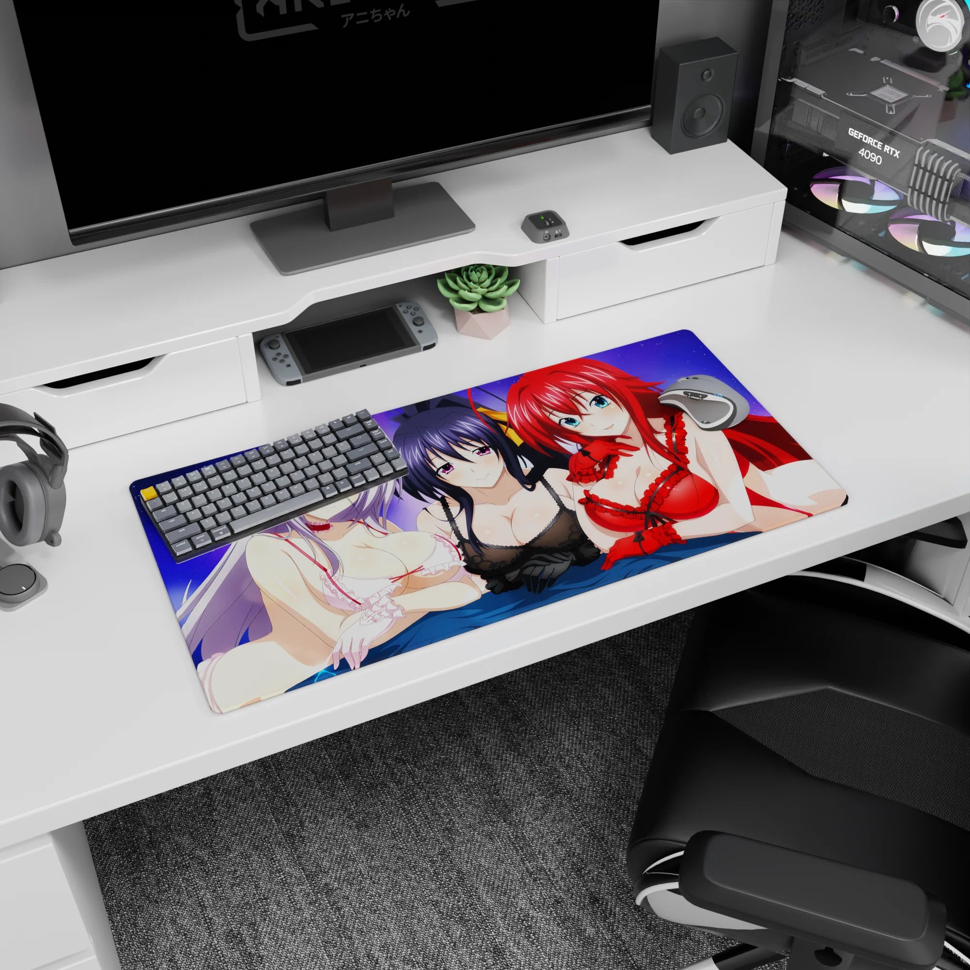 Anime mouse pad 32x16 inches featuring Rossweisse, Akeno, and Rias from High School DxD under a dreamy purple sky.
