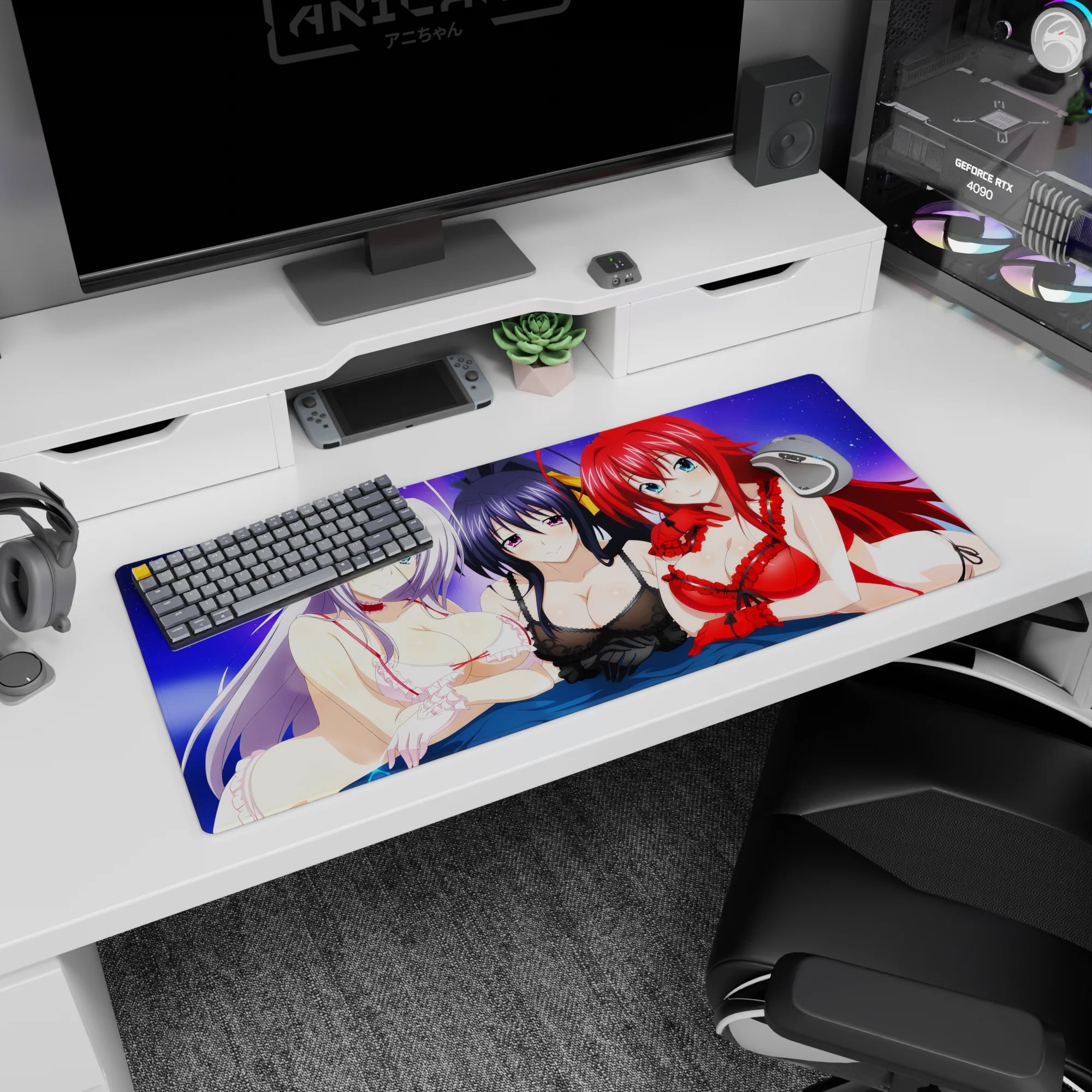 High School DxD desk pad 36x16 inches featuring Rossweisse, Akeno, and Rias under a purple sky, adding charm and elegance.