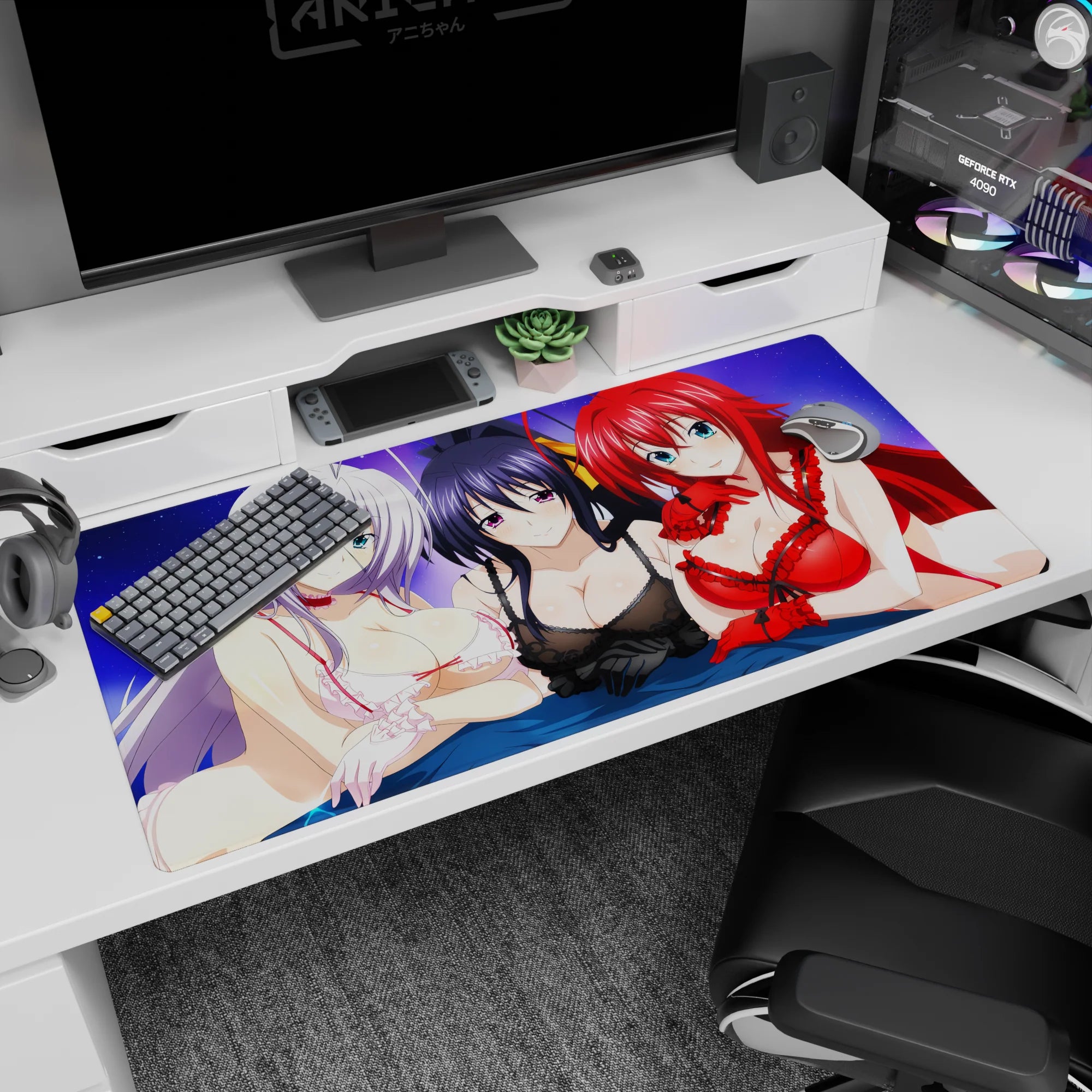 Anime desk pad 40x20 inches featuring Rossweisse, Akeno, and Rias from High School DxD under a dreamy purple sky.
