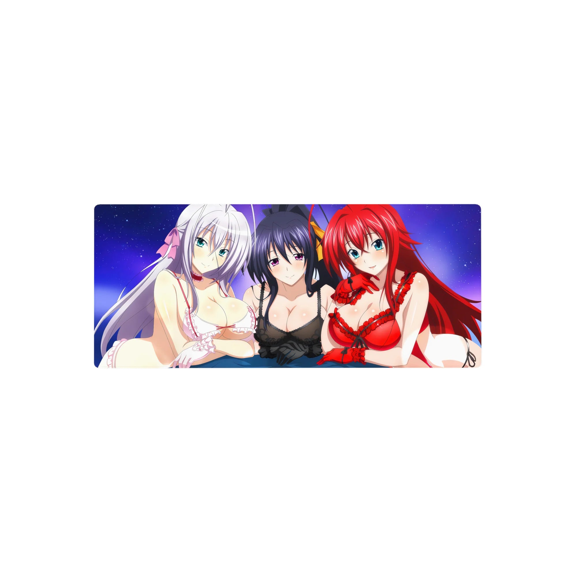 Mouse pad featuring Rossweisse, Akeno, and Rias from High School DxD under a purple sky, size 28x12 inches.