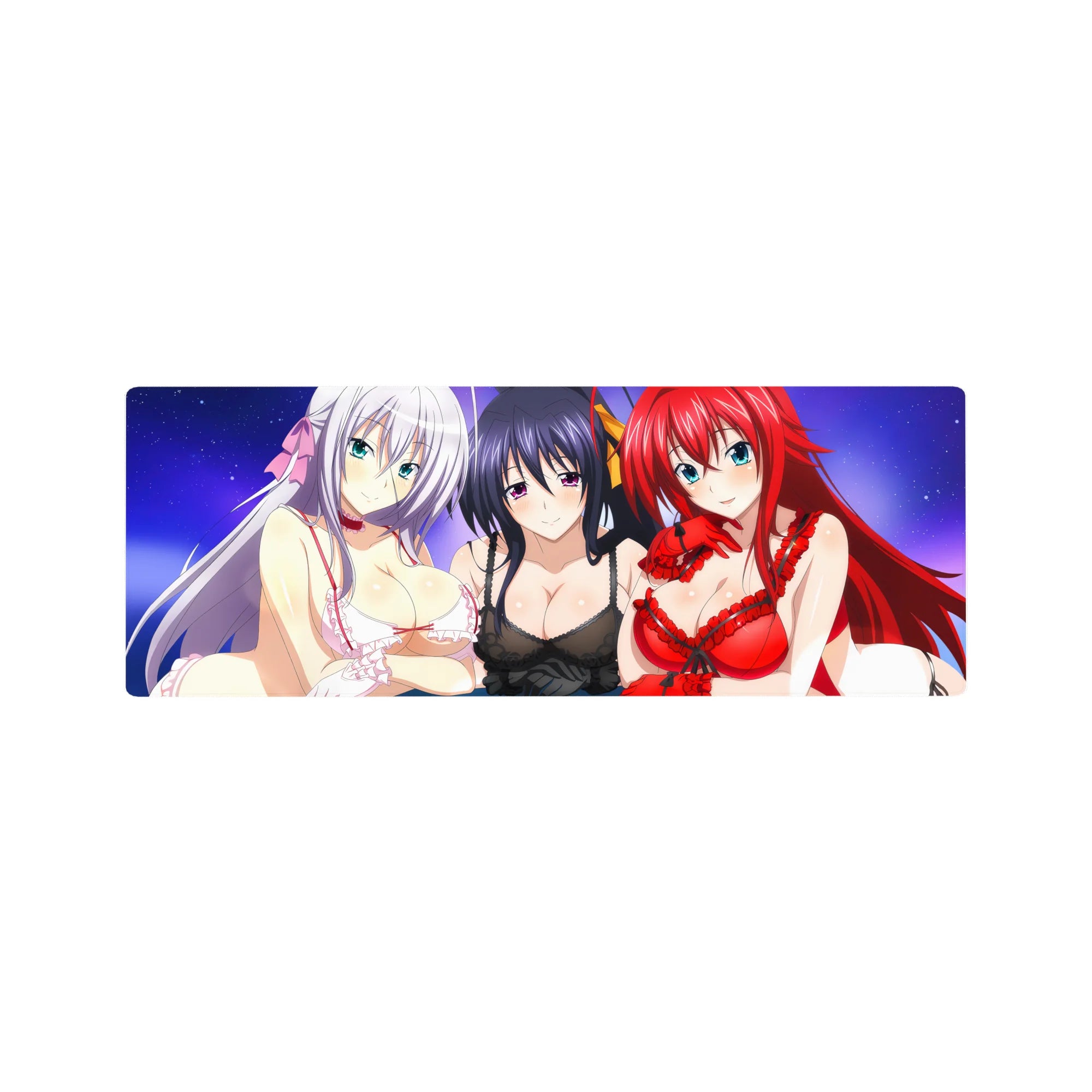 Mouse pad featuring Rossweisse, Akeno, and Rias from High School DxD, 32x12 inches, under a dreamy purple sky.