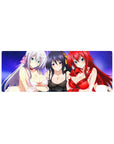 Mouse pad featuring Rossweisse, Akeno, and Rias from High School DxD, 32x12 inches, under a dreamy purple sky.