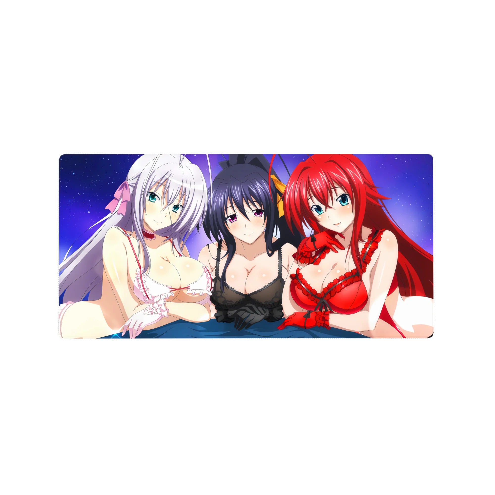 Mouse pad 32x16 inches featuring Rossweisse, Akeno, and Rias from High School DxD under a purple sky, adding charm to your desk.