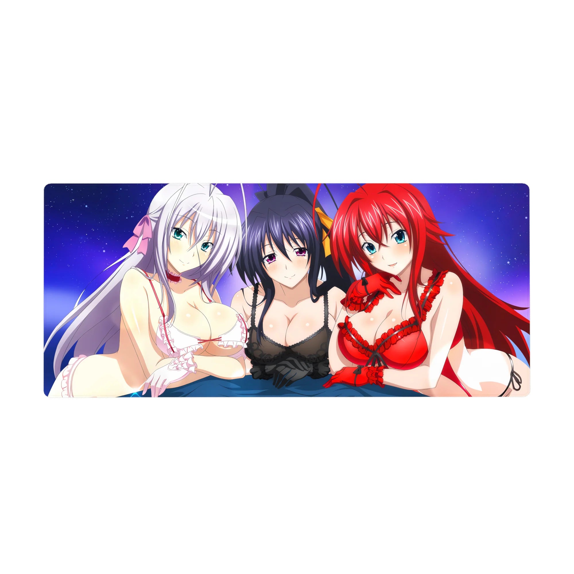 Anime desk pad 36x16 inches featuring Rossweisse, Akeno, and Rias from High School DxD under a purple sky, blending elegance and charm.