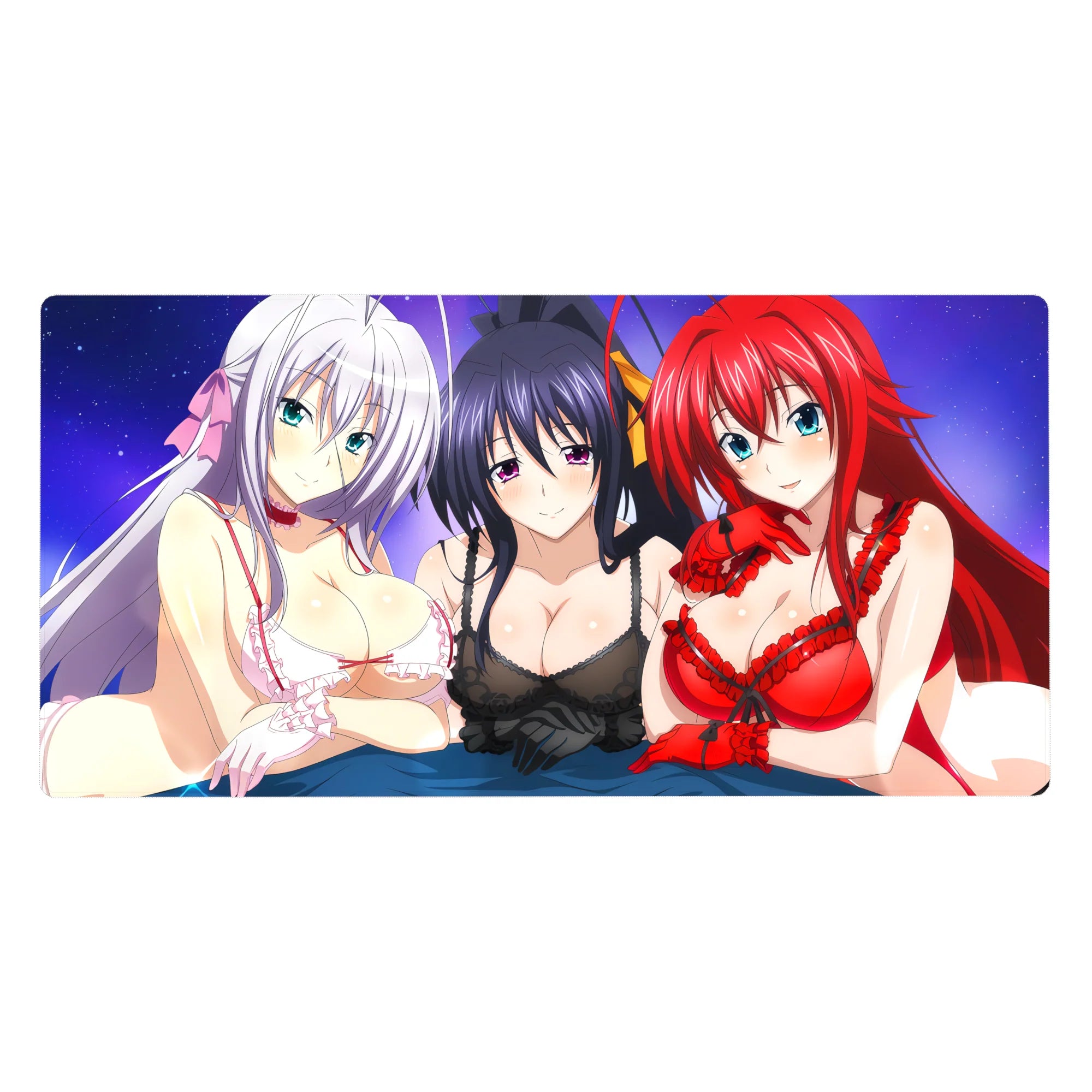 Desk pad 40x20 inches featuring Rossweisse, Akeno, and Rias from High School DxD under a purple sky, adding elegance.