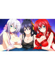 Desk pad 40x20 inches featuring Rossweisse, Akeno, and Rias from High School DxD under a purple sky, adding elegance.