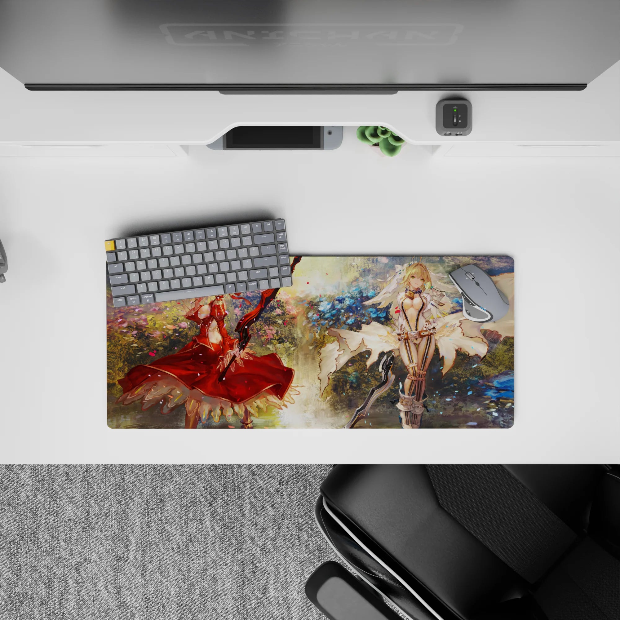 28x12 inches anime girl mouse pad in cozy blues and gold light with floral bursts and drifting petal confetti.